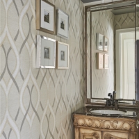Powder-room-with-gray-and-white-wallpaper-and-vanity-with-square-mirror-and-gallery-wall-and-accent-ceiling-min
