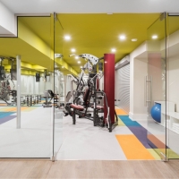 1_Basement-gym-with-equiptment-and-benjamin-moore-chatreuse-ceiling-and-eden-carpet-tile-flooring